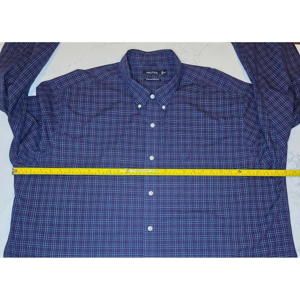 Nautica Button Down Shirt Men's 3XLT Blue Plaid Wrinkle Resistant MR1351